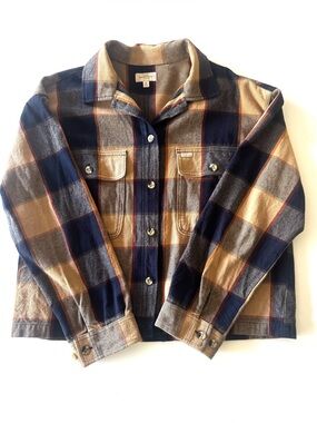 Brixton Bowery Cropped Flannel Jacket Navy Tan Plaid Shacket Size Medium